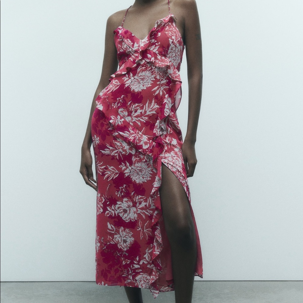 Zara Ruffled Print Midi Dress